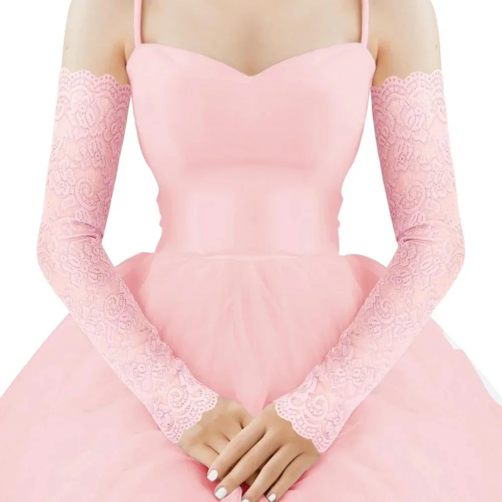 Women's 1 Pink Fingerless Lace Arm Sleeves Gloves Wedding Dress Party Prom